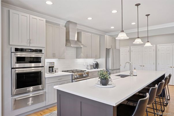 Interior, Kitchen, Pendant Lights, Recessed Lighting, Stainless Steel Appliances, Wood Texture Flooring