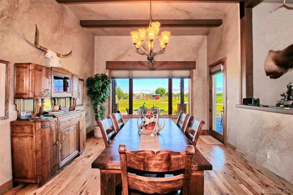 Chandelier, Dining room, Interior, Wooden Beams, Wood Texture Flooring
