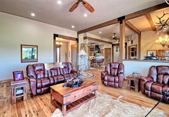 Chandelier, Dining room, Interior, Kitchen, Living room, Recessed Lighting, Wooden Beams, Wood Texture Flooring