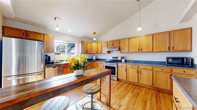 Interior, Kitchen, Pendant Lights, Recessed Lighting, Stainless Steel Appliances, Wood Texture Flooring