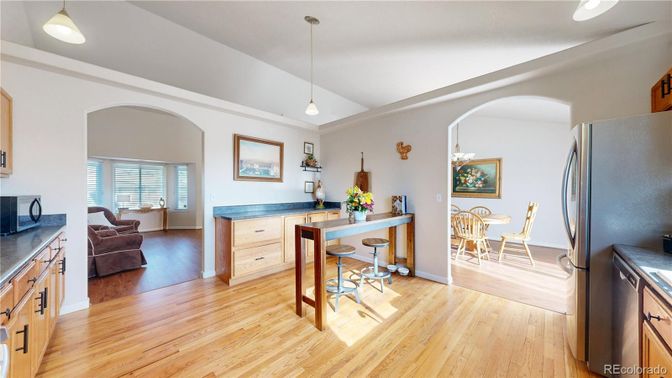 Dining room, Interior, Pendant Lights, Wood Texture Flooring