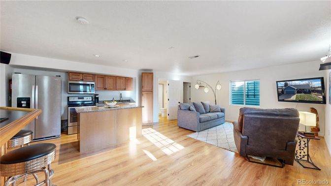 Interior, Kitchen, Living room, Recessed Lighting, Stainless Steel Appliances, Wood Texture Flooring