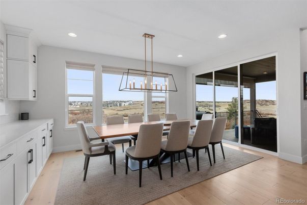 Dining room, Interior, Pendant Lights, Recessed Lighting, Wood Texture Flooring