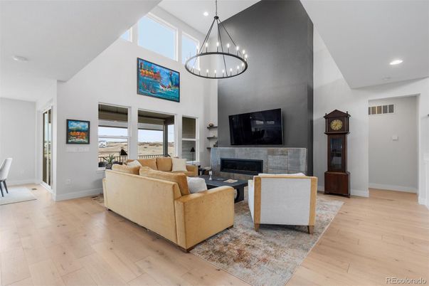 Fireplace, Interior, Living room, Pendant Lights, Recessed Lighting, Wood Texture Flooring
