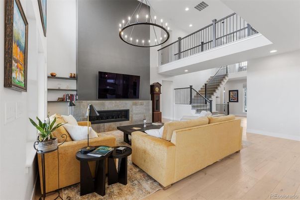 Fireplace, Interior, Living room, Pendant Lights, Recessed Lighting, Wood Texture Flooring