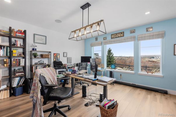 Home Office, Interior, Pendant Lights, Recessed Lighting, Wood Texture Flooring