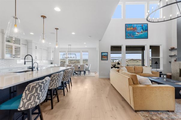 Dining room, Fireplace, Interior, Kitchen, Living room, Pendant Lights, Recessed Lighting, Wood Texture Flooring
