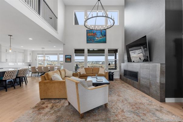 Chandelier, Dining room, Fireplace, Interior, Kitchen, Living room, Pendant Lights, Recessed Lighting, Wood Texture Flooring