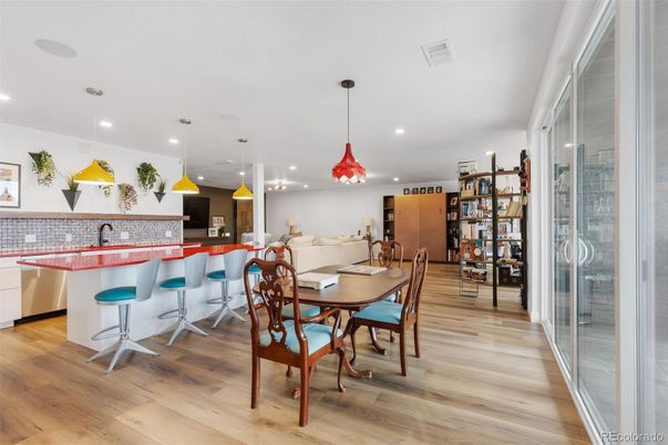 Dining room, Interior, Kitchen, Living room, Pendant Lights, Recessed Lighting, Wood Texture Flooring