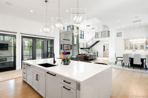 Dining room, Interior, Kitchen, Pendant Lights, Recessed Lighting, Stainless Steel Appliances, Wood Texture Flooring
