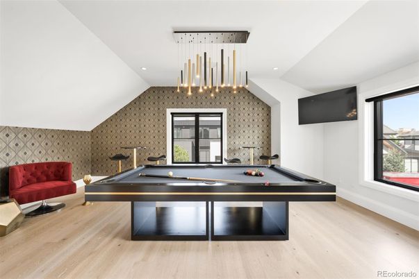 Billiard Table, Game Room, Interior, Pendant Lights, Recessed Lighting, Wood Texture Flooring