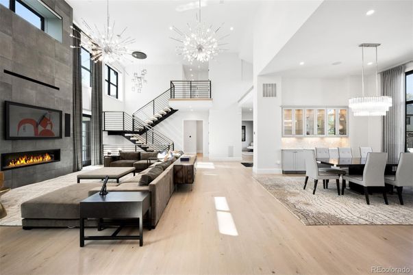 Dining room, Fireplace, Interior, Living room, Pendant Lights, Recessed Lighting, Wood Texture Flooring