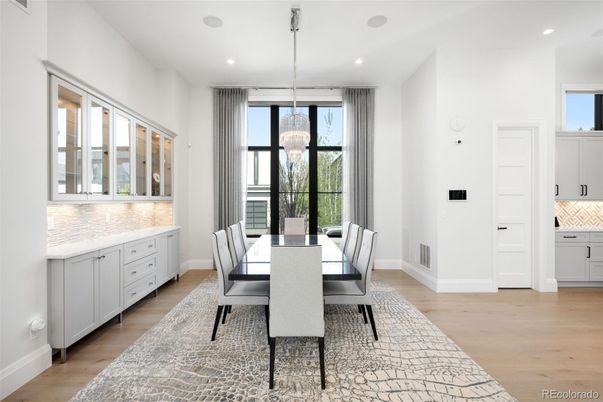 Dining room, Interior, Pendant Lights, Recessed Lighting, Wood Texture Flooring