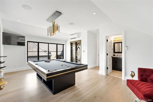 Billiard Table, Game Room, Interior, Pendant Lights, Recessed Lighting, Wood Texture Flooring