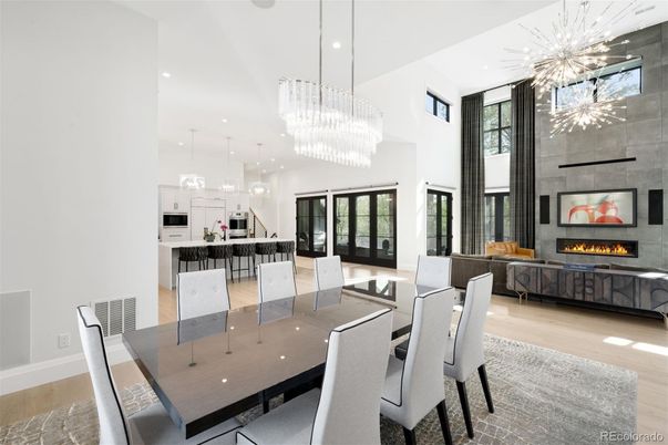Chandelier, Dining room, Fireplace, Interior, Kitchen, Living room, Pendant Lights, Recessed Lighting, Wood Texture Flooring