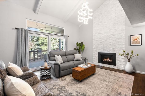 Fireplace, Interior, Living room, Pendant Lights, Stone Walls, Wood Texture Flooring