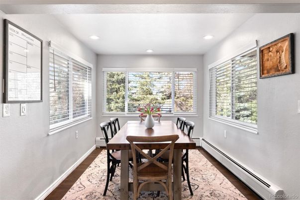 Dining room, Interior, Recessed Lighting, Wood Texture Flooring