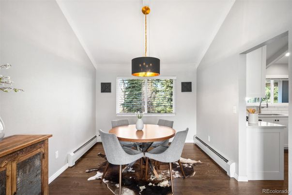 Dining room, Interior, Pendant Lights, Recessed Lighting, Wood Texture Flooring