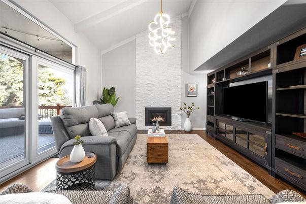 Fireplace, Interior, Living room, Pendant Lights, Wood Texture Flooring