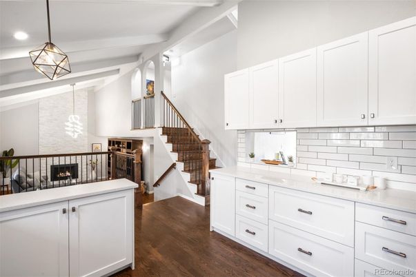 Fireplace, Interior, Pendant Lights, Recessed Lighting, Wood Texture Flooring