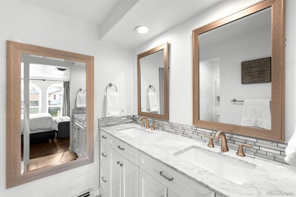 Bathroom, Bedroom, Dual Sink Vanities, Interior, Recessed Lighting, Wood Texture Flooring