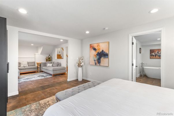 Bathroom, Bedroom, Free Standing Baths, Interior, Recessed Lighting, Wood Texture Flooring