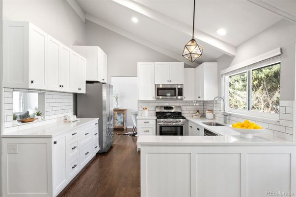 Interior, Kitchen, Pendant Lights, Recessed Lighting, Stainless Steel Appliances, Wood Texture Flooring