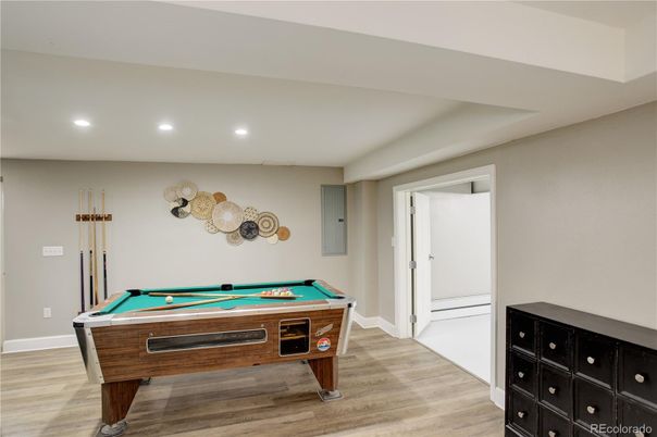 Billiard Table, Game Room, Interior, Recessed Lighting, Wood Texture Flooring