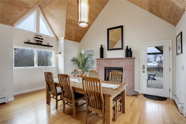 Dining room, Fireplace, Interior, Wooden Ceilings, Wood Texture Flooring