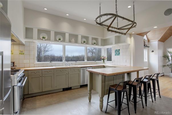 Interior, Kitchen, Pendant Lights, Recessed Lighting, Stainless Steel Appliances, Wooden Ceilings, Wood Texture Flooring
