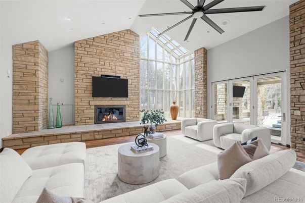 Fireplace, Interior, Living room, Recessed Lighting, Stone Walls