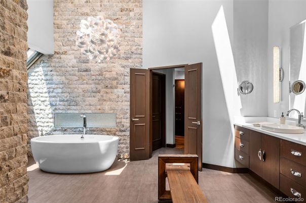 Bathroom, Dual Sink Vanities, Free Standing Baths, Interior, Stone Walls