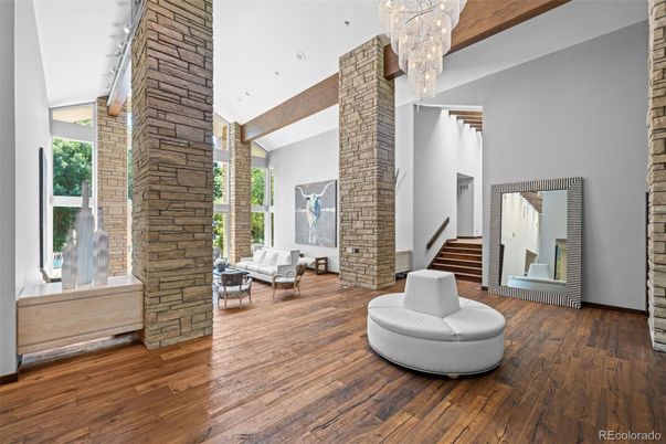 Chandelier, Interior, Recessed Lighting, Stone Walls, Wood Texture Flooring