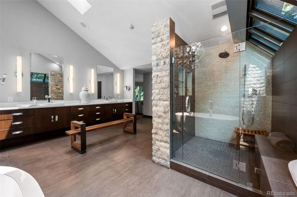 Bathroom, Dual Sink Vanities, Glass Shower, Interior, Recessed Lighting, Wood Texture Flooring