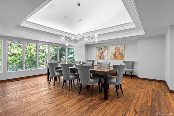Dining room, Interior, Pendant Lights, Wood Texture Flooring