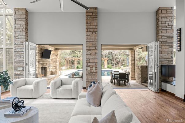 Dining room, Fireplace, Interior, Living room, Stone Walls, Wood Texture Flooring