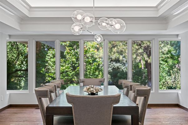 Dining room, Interior, Pendant Lights, Wood Texture Flooring