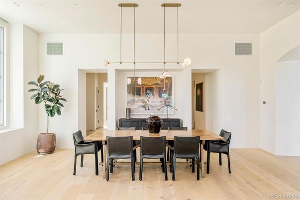 Dining room, Interior, Pendant Lights, Wood Texture Flooring