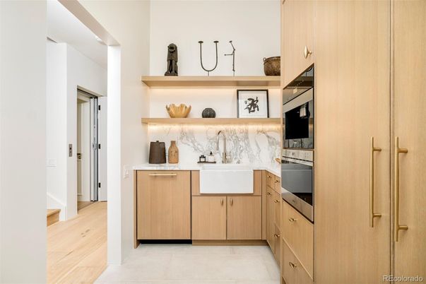 Interior, Kitchen, Marble Walls, Wood Texture Flooring