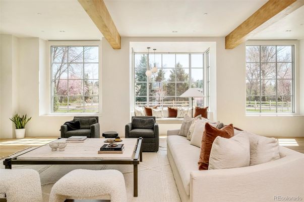 Dining room, Interior, Living room, Pendant Lights, Recessed Lighting, Wooden Beams