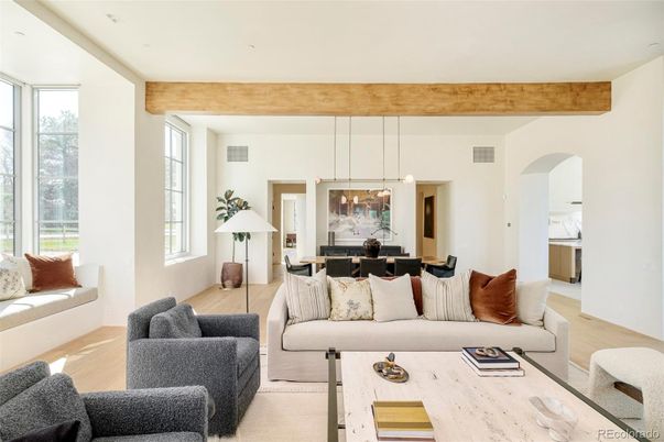 Dining room, Interior, Living room, Pendant Lights, Wooden Beams, Wood Texture Flooring
