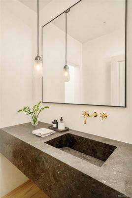 Bathroom, Interior, Pendant Lights, Wood Texture Flooring