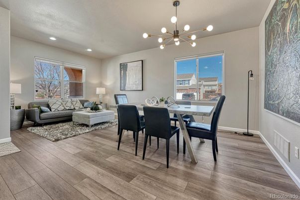 Dining room, Interior, Living room, Pendant Lights, Recessed Lighting, Wood Texture Flooring