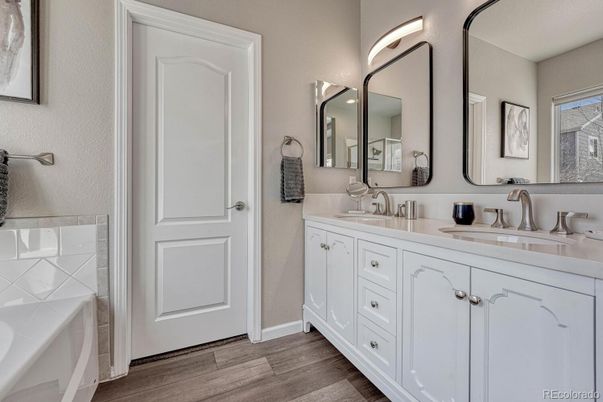 Bathroom, Dual Sink Vanities, Interior, Tile Countertops, Wood Texture Flooring