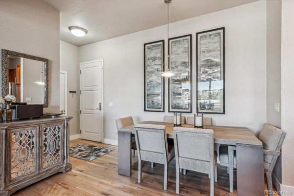 Dining room, Interior, Pendant Lights, Wood Texture Flooring
