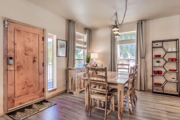 Dining room, Interior, Pendant Lights, Wood Texture Flooring