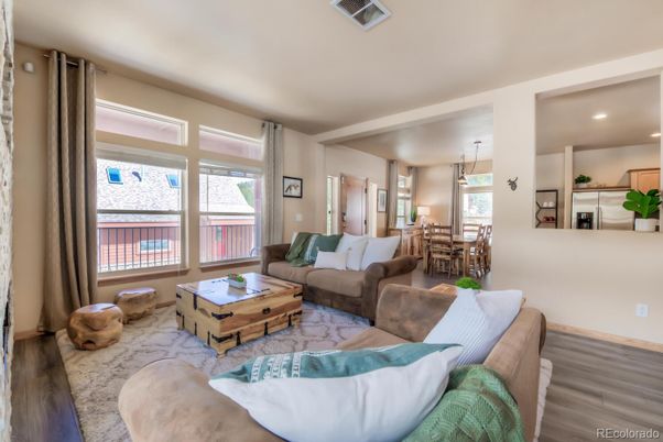 Dining room, Interior, Living room, Pendant Lights, Recessed Lighting, Wood Texture Flooring