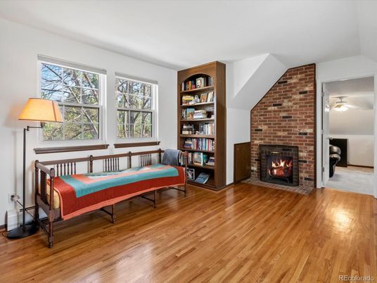 Bedroom, Fireplace, Interior, Stone Walls, Wood Texture Flooring