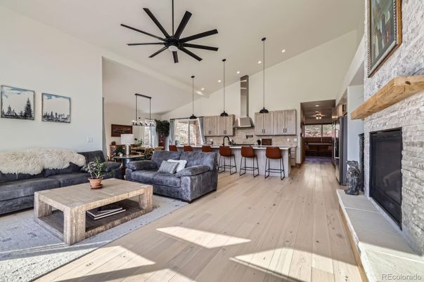 Dining room, Fireplace, Interior, Kitchen, Living room, Pendant Lights, Recessed Lighting, Stone Walls, Wood Texture Flooring