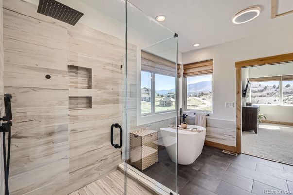 Bathroom, Free Standing Baths, Glass Shower, Interior, Recessed Lighting, Wood Texture Flooring
